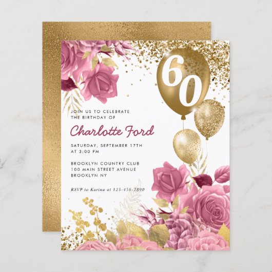 Budget Blush Pink Floral Gold Balloon Birthday (Voorkant / Achterkant)