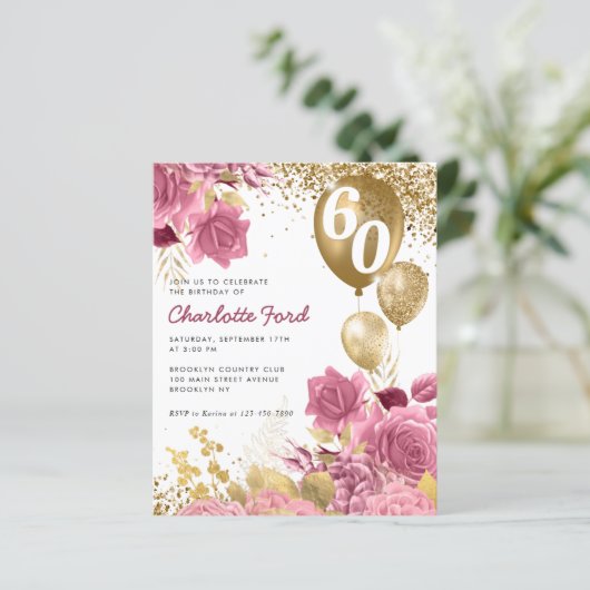 Budget Blush Pink Floral Gold Balloon Birthday (Staand voorkant)