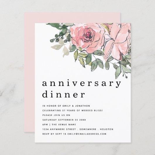 Budget Blush Pink Floral Jubileum Dinner Invite (Voorkant / Achterkant)