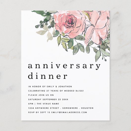 Budget Blush Pink Floral Jubileum Dinner Invite (Voorkant)
