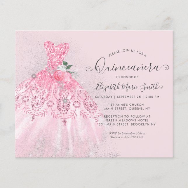 Budget Blush Pink Floral Silver Gown Quinceanera (Voorkant)