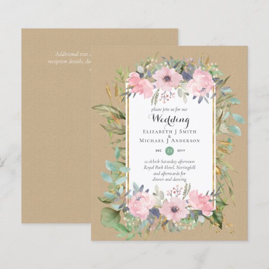 BUDGET Blush Pink Floral Wedding Invitations (Voorkant / Achterkant)