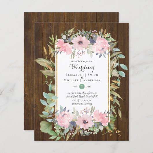 BUDGET Blush Pink Floral Wedding Invitations (Voorkant / Achterkant)
