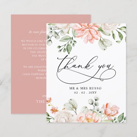 Budget Blush Pink Floral Wedding Thank You Card (Voorkant / Achterkant)
