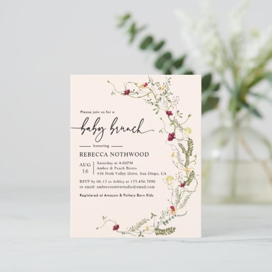 Budget Blush Pink Florals Baby Brunch Uitnodiging (Staand voorkant)