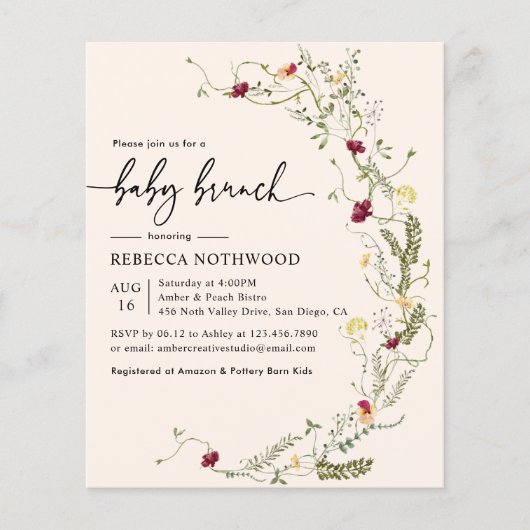 Budget Blush Pink Florals Baby Brunch Uitnodiging (Voorkant)