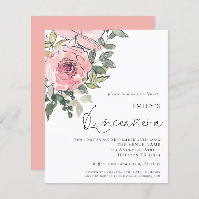 Budget Blush Pink Florals Quinceañera Invite (Voorkant / Achterkant)
