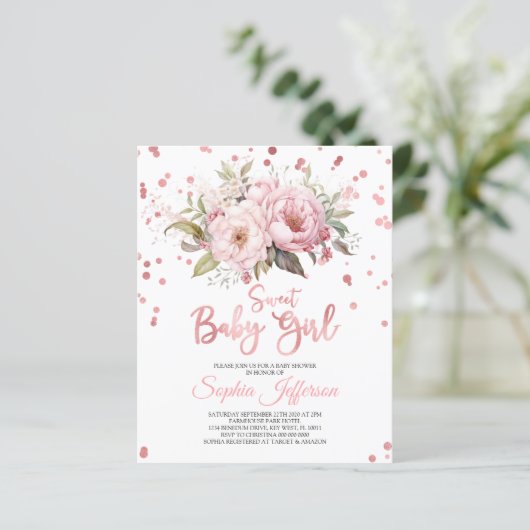 Budget Blush Pink Flowers Baby shower Invitation (Staand voorkant)