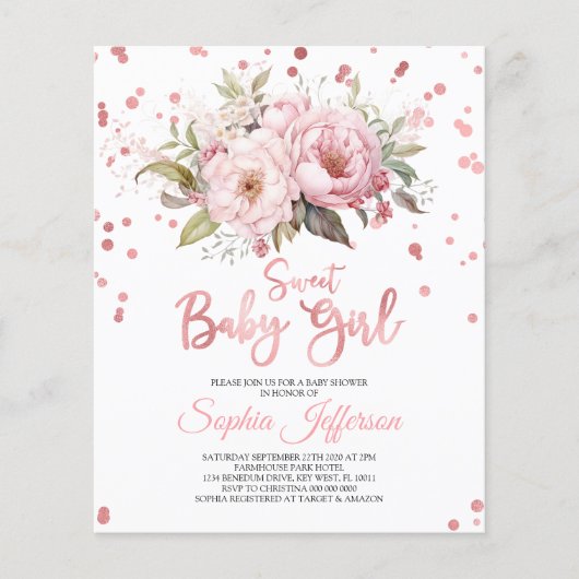 Budget Blush Pink Flowers Baby shower Invitation (Voorkant)