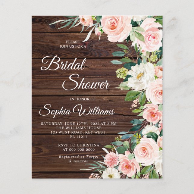 Budget Blush Pink Flowers Bridal Uitnodiging (Voorkant)