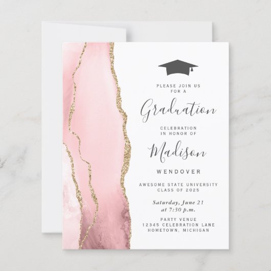Budget Blush Pink Gold Agaat Afstuderen Uitnodigen (Voorkant)