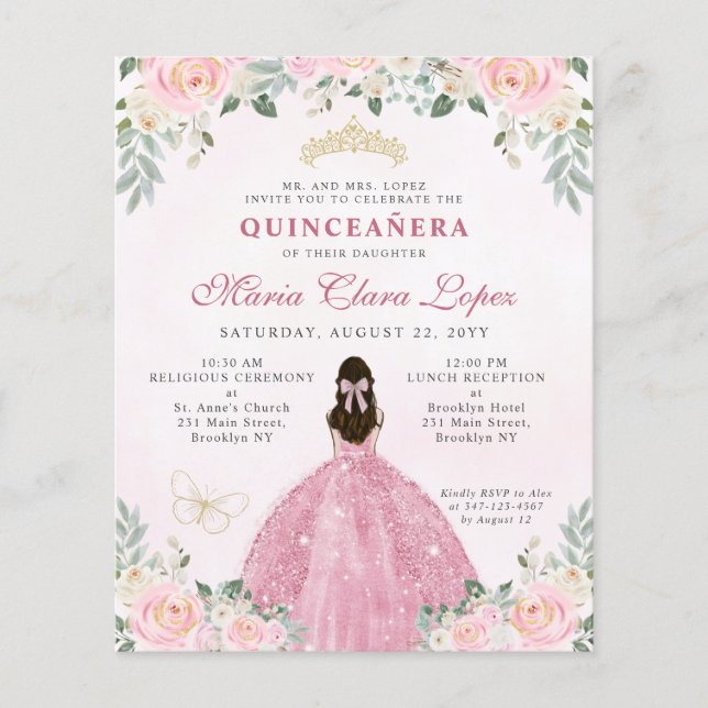 Budget Blush Pink Gold Floral Princess Quinceañera (Voorkant)