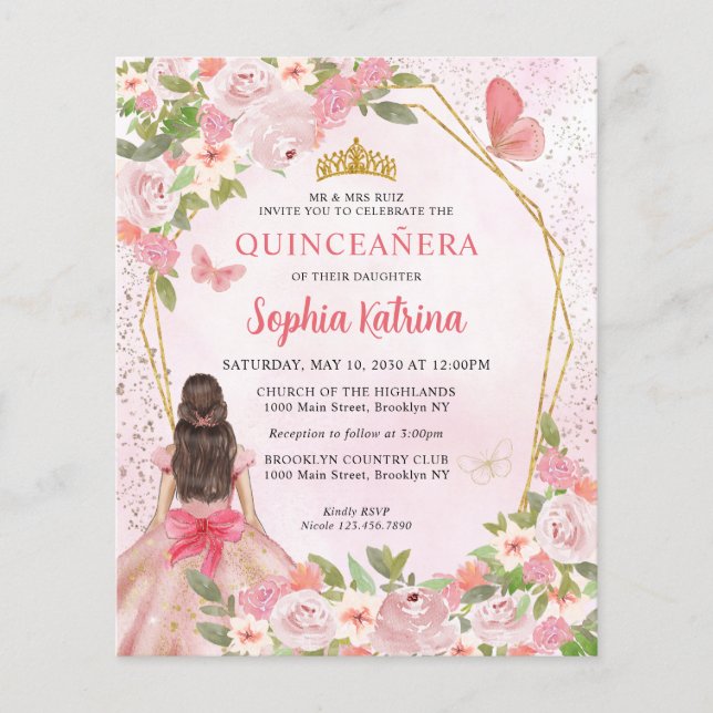 Budget Blush Pink Gold Floral Princess Quinceañera (Voorkant)