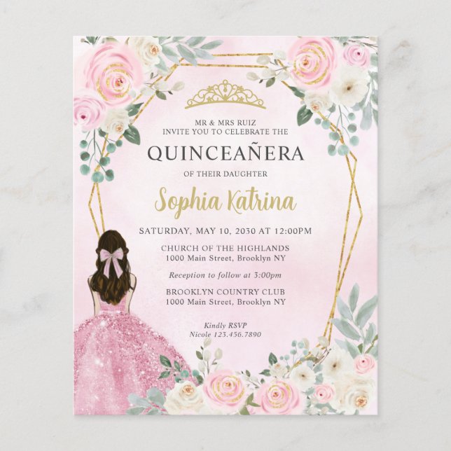 Budget Blush Pink Gold Floral Princess Quinceañera (Voorkant)