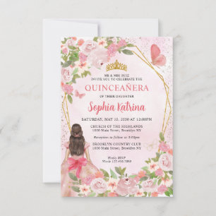 Budget Blush Pink Gold Floral Princess Quinceañera Notitiekaartje