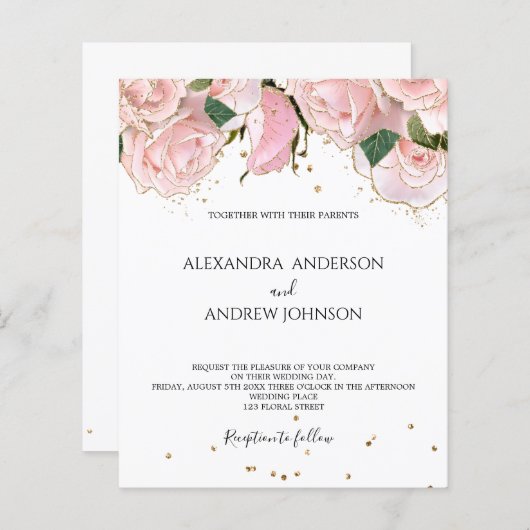 Budget Blush Pink Gold Floral Wedding Invitation (Voorkant / Achterkant)