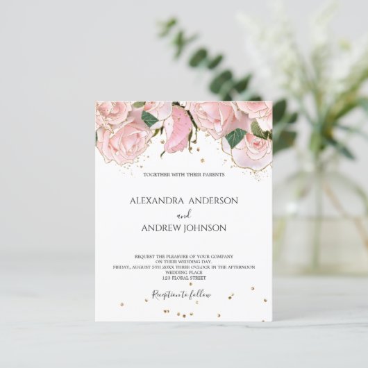 Budget Blush Pink Gold Floral Wedding Invitation (Staand voorkant)