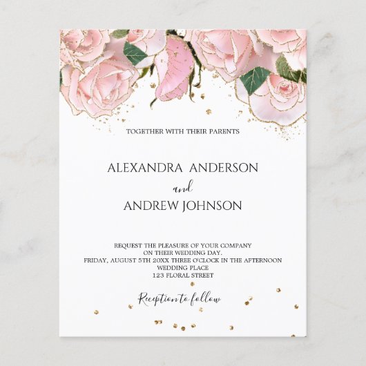 Budget Blush Pink Gold Floral Wedding Invitation (Voorkant)