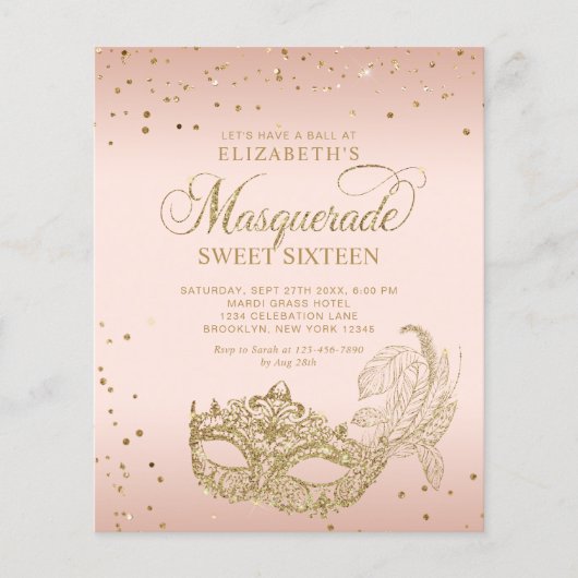 BUDGET Blush Pink Gold Glitter Masquerade Sweet 16 (Voorkant)