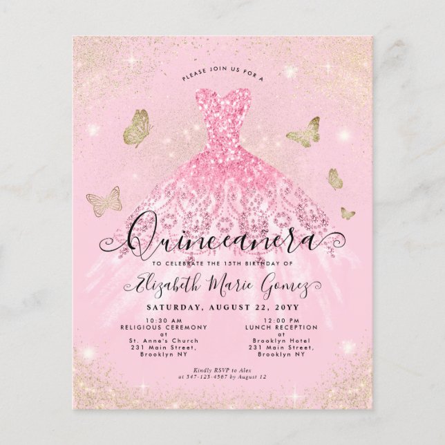 Budget Blush Pink Gold Gown Quinceanera Invite (Voorkant)