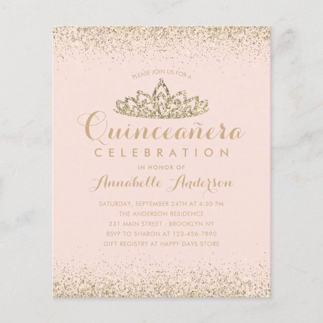 Budget Blush Pink Gold Quinceañera Tiara Invite (Voorkant)