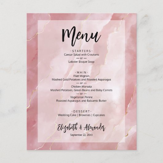 Budget Blush Pink Marble Wedding Menu (Voorkant)