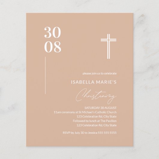 Budget Blush Pink Minimalist Christening Uitnodigi (Voorkant)