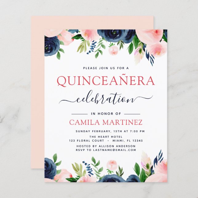 Budget Blush Pink Navy Blue Floral Quinceanera (Voorkant / Achterkant)