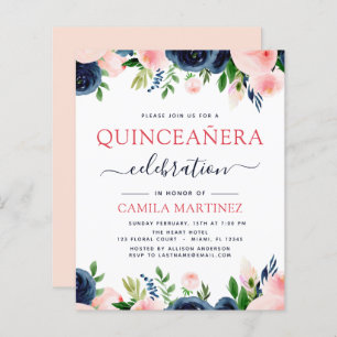 Budget Blush Pink Navy Blue Floral Quinceanera