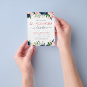 Budget Blush Pink Navy Blue Floral Quinceanera Flyer (Hand)