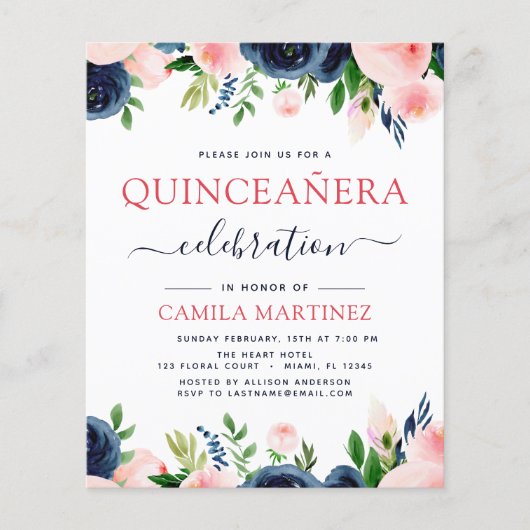 Budget Blush Pink Navy Blue Floral Quinceanera Flyer (Voorkant)