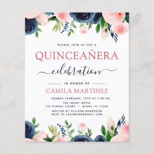 Budget Blush Pink Navy Blue Floral Quinceanera Flyer
