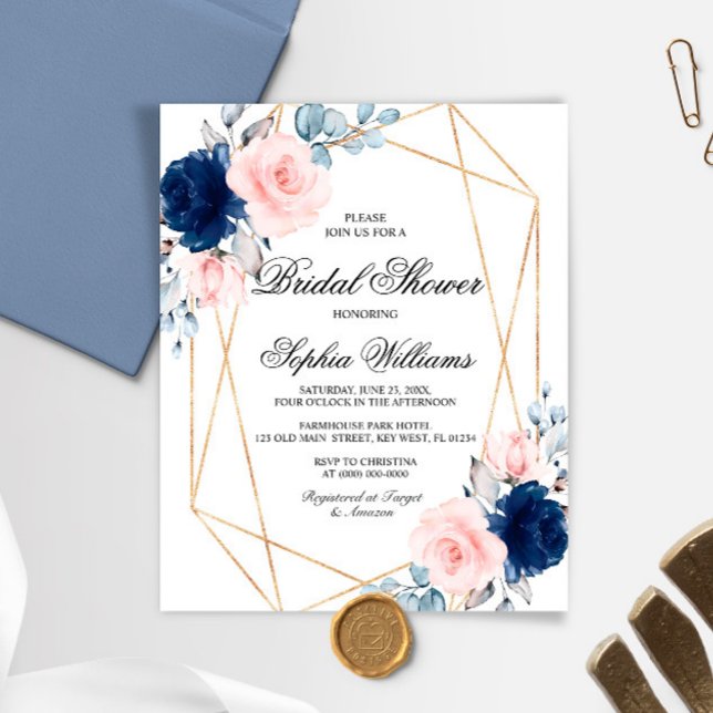 Budget Blush Pink & Navy Bridal Shower Invitation (Creator heeft geüpload)