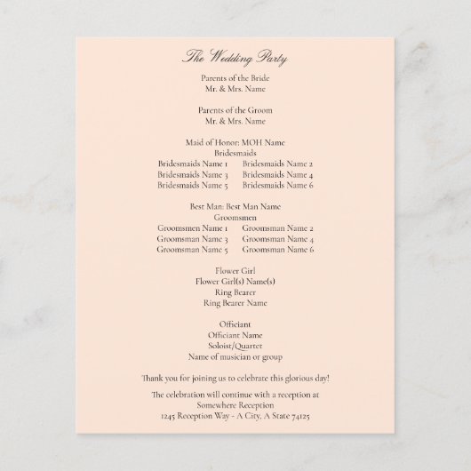 Budget Blush Pink Pastel Wedding Programme (Achterkant)
