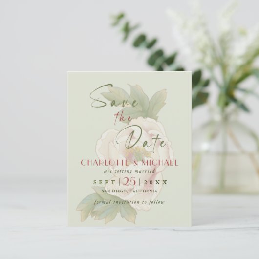 BUDGET Blush Pink Peony Weddenschap Save the Date (Staand voorkant)