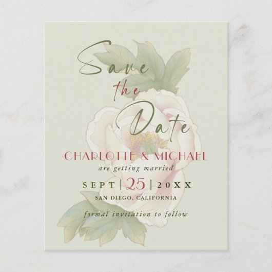 BUDGET Blush Pink Peony Weddenschap Save the Date (Voorkant)