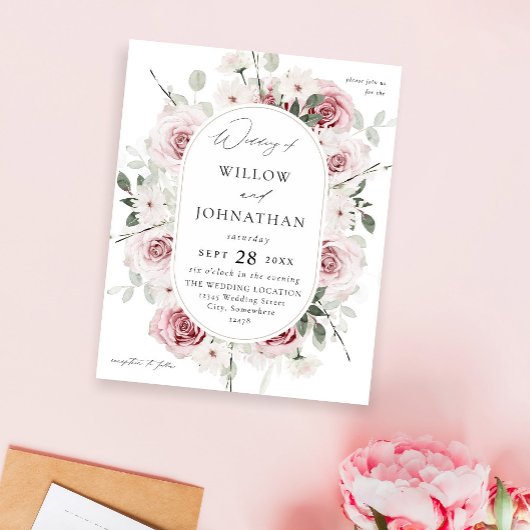 Budget Blush Pink Rose & Eucalyptus Floral Wedding Flyer