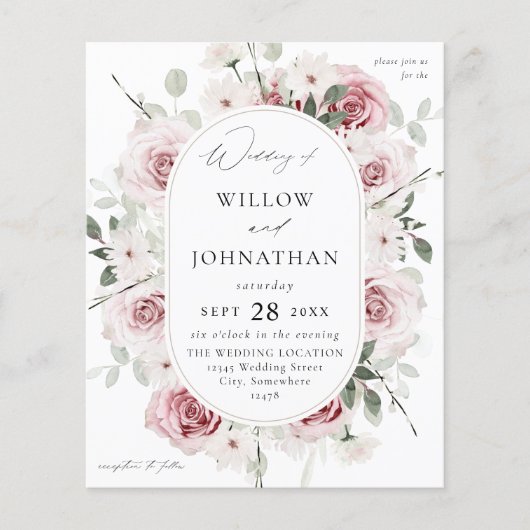 Budget Blush Pink Rose & Eucalyptus Floral Wedding Flyer (Voorkant)