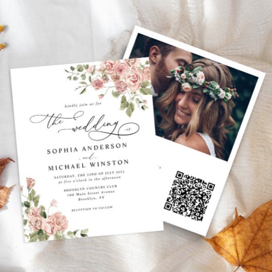 Budget Blush Pink Rose Floral Photo Wedding Invite