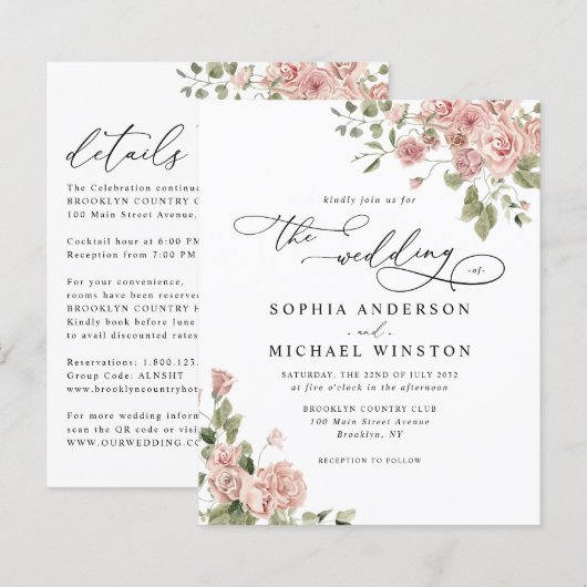 Budget Blush Pink Rose Floral Weddenschap (Voorkant / Achterkant)