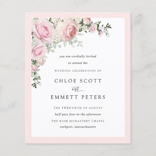 Budget Blush Pink Rose Floral Weddenschap (Voorkant)