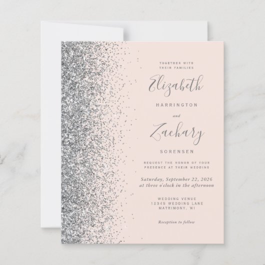 Budget Blush Pink Silver Glitter Wedding Invite (Voorkant)