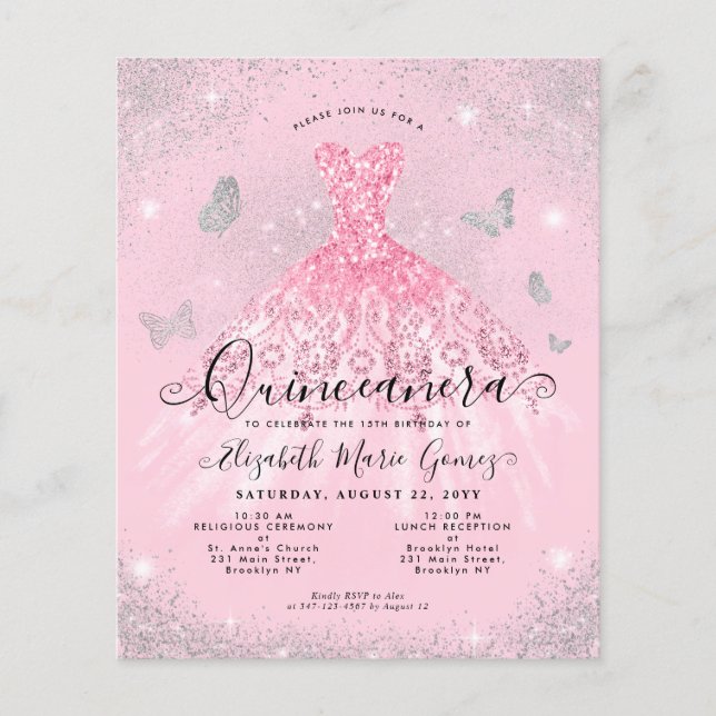 Budget Blush Pink Silver Gown Quinceanera Invite (Voorkant)