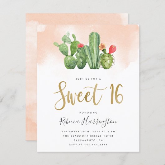 Budget Blush Pink Waterverf & Cactus Sweet 16 (Voorkant / Achterkant)