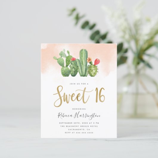 Budget Blush Pink Waterverf & Cactus Sweet 16 (Staand voorkant)