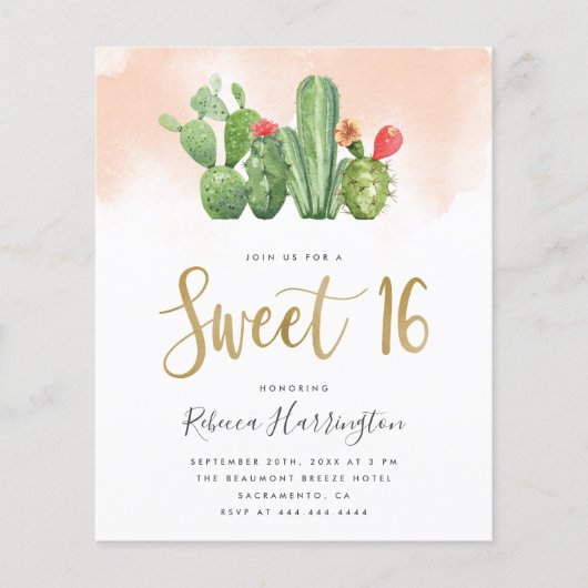Budget Blush Pink Waterverf & Cactus Sweet 16 (Voorkant)