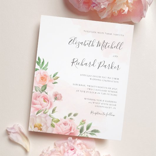 Budget Blush Pink Waterverf Floral Wedding Invite