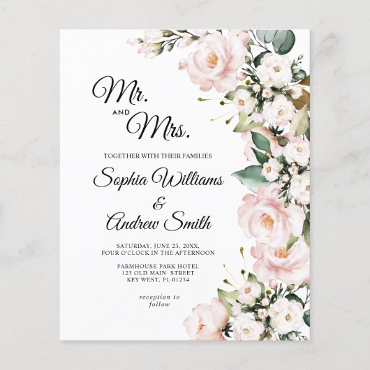 Budget Blush Roos Bloemen Huwelijksuitnodiging (Voorkant)