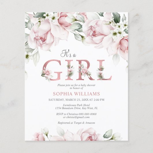 Budget Blush & Roos Gold Baby shower Uitnodiging (Voorkant)