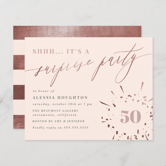 Budget Blush & Roos Gold Script Surprise Party (Voorkant / Achterkant)